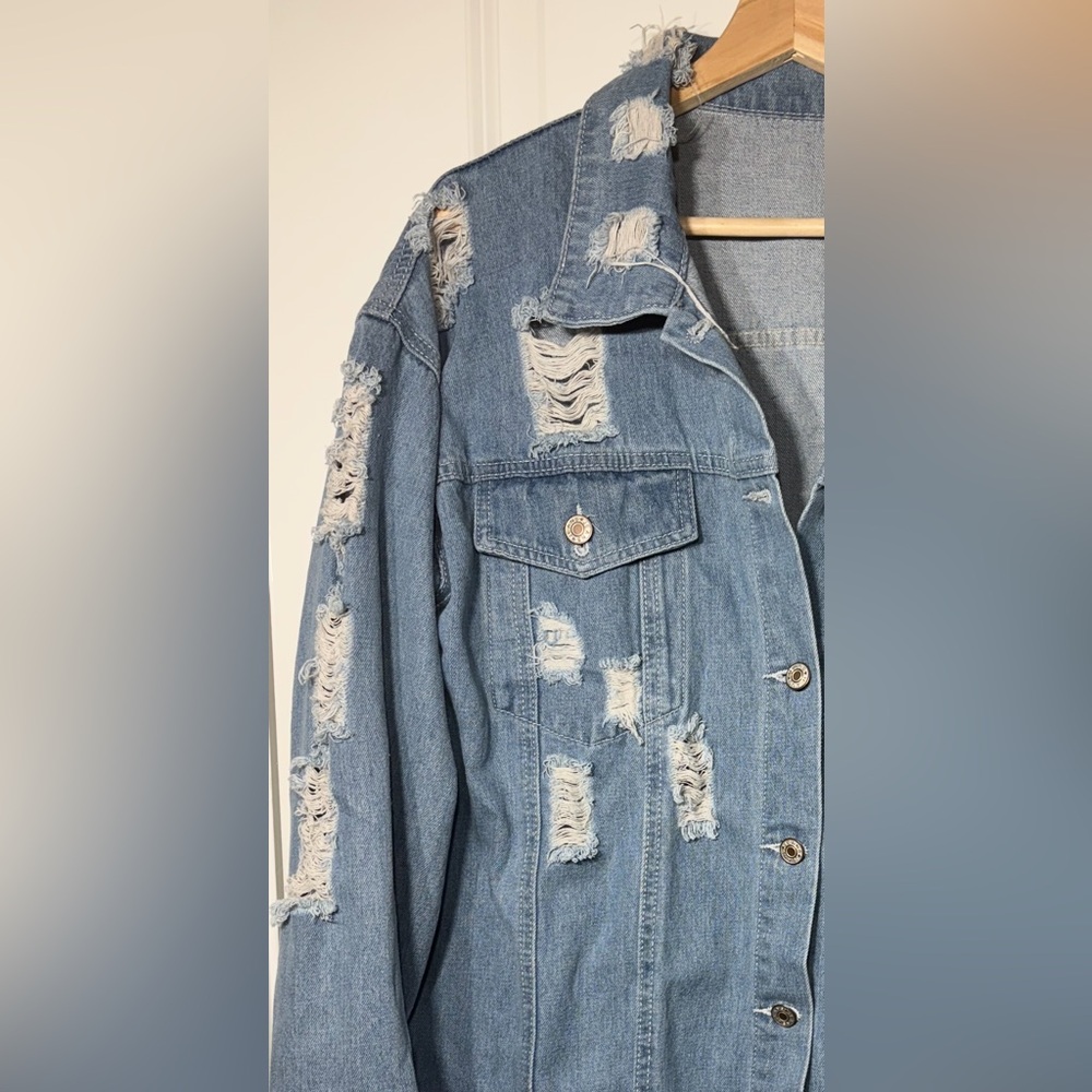 Blue Distressed Oversized Jean Jacket - Picture 5 of 7